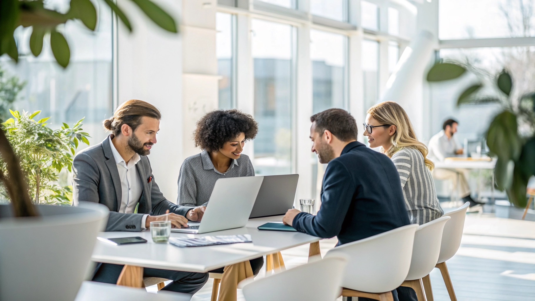 Diverse IT team collaborating in a modern office setting with laptops